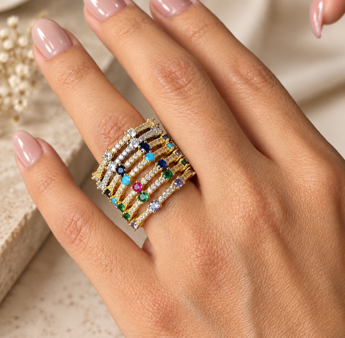 Colorful CZ Open Cuff Ring